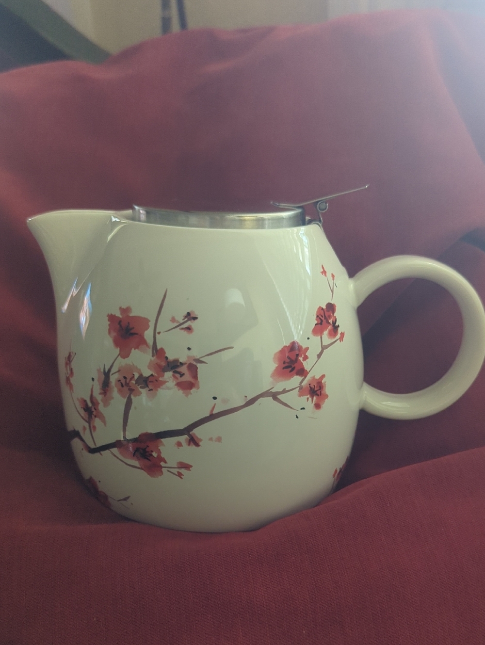 White Ceramic Teapot with Red Floral Branch Design